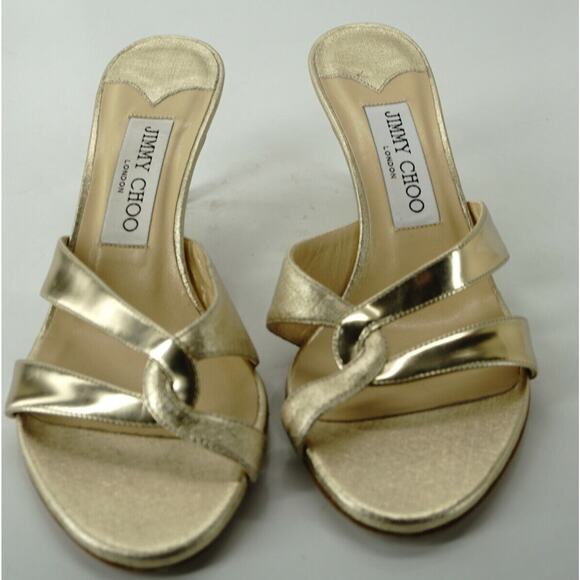 Jimmy Choo Tation Metallic Gold Leather Strappy Slide Sandals